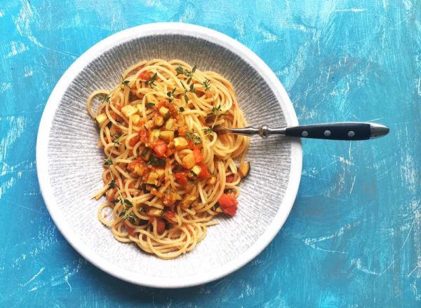 Rezept fürSpaghetti mit Zucchini-Tomaten-Thymian-Sauce, vegetarisch, Nudeln, Pasta