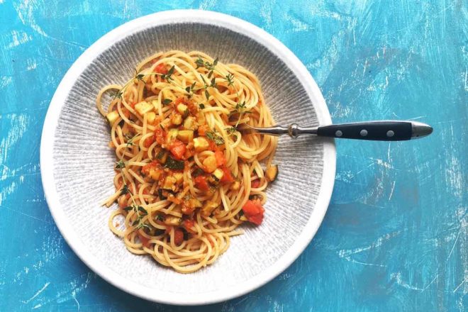 Rezept fürSpaghetti mit Zucchini-Tomaten-Thymian-Sauce, vegetarisch, Nudeln, Pasta